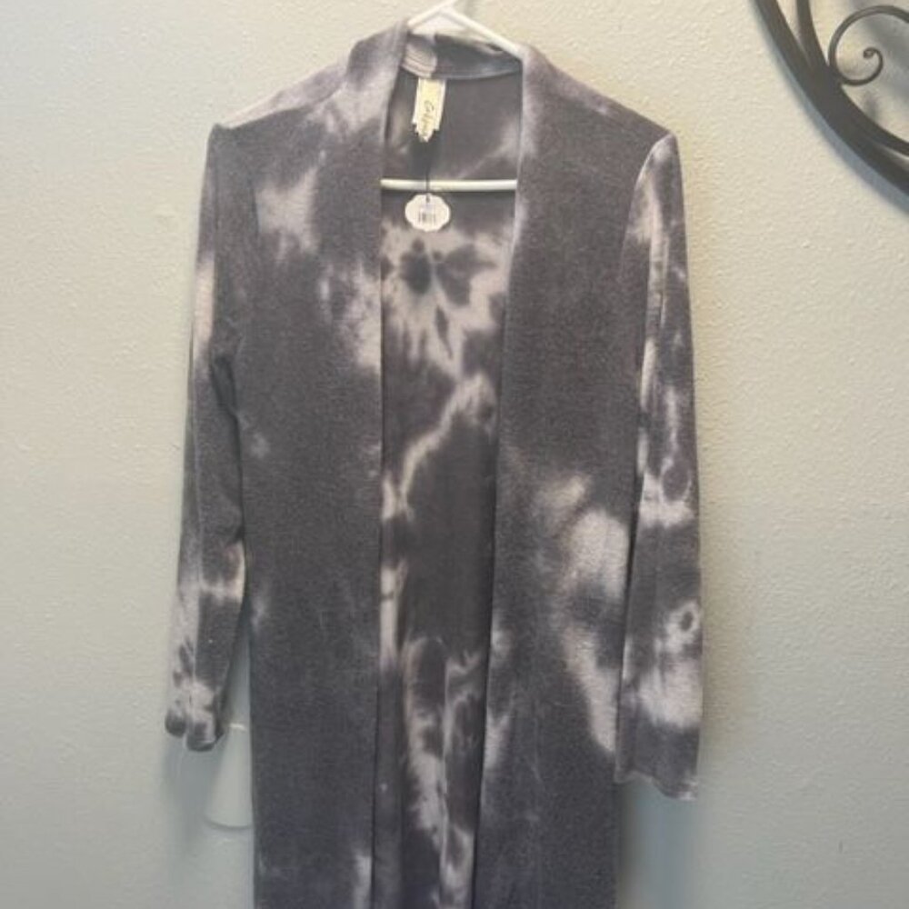 Crepas Gray & White Tie-Dye Open Front long Cardigan, long sleeves,‎ pockets